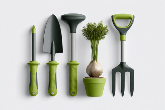 Gardening tools and a small plant on a white background arranged in a straight line