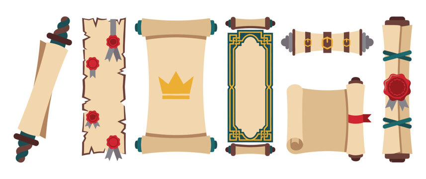 Various antique paper scrolls and parchment banners with wax seals and decorative frames.