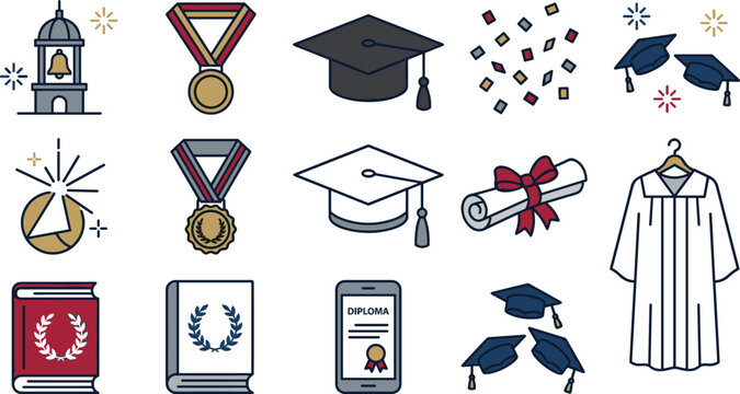 University Graduation and Academic Achievement Icon Set with Mortarboard Caps, Medal Awards, Diplomas, and Ceremony Gowns