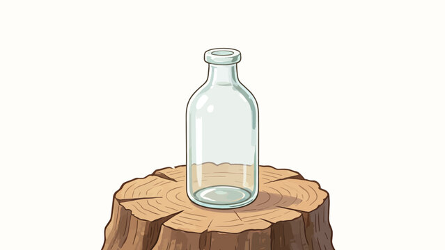 Transparent Glass Bottle Sitting on Wooden Tree Stump in Minimalist Illustration Style