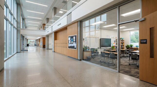 Modern office hallway with glass walls and wooden floors.
