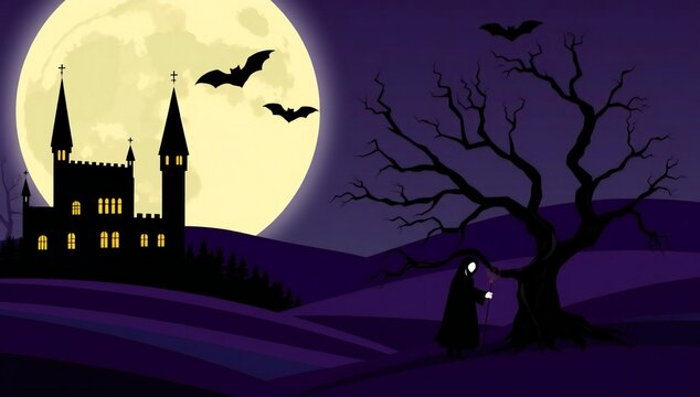 A mysterious figure wanders in the shadow of a gothic castle under a full moon