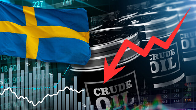 A barrel of crude oil, the Sweden flag, and a red arrow illustrate the drop in Swedish oil prices, relating to market fluctuations, resource supply chain security, and global energy inflation.