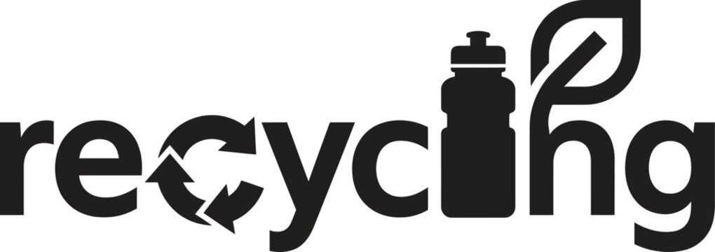 Recycling typographic design with bottle and leaf silhouette on white background