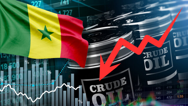 A barrel of crude oil, the Senegal flag, and a red arrow illustrate the drop in Senegalese oil prices, relating to market fluctuations, resource supply chain security, and global energy inflation.