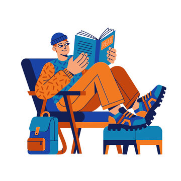 Illustration of a person reading a book while relaxing in a chair with backpack.
