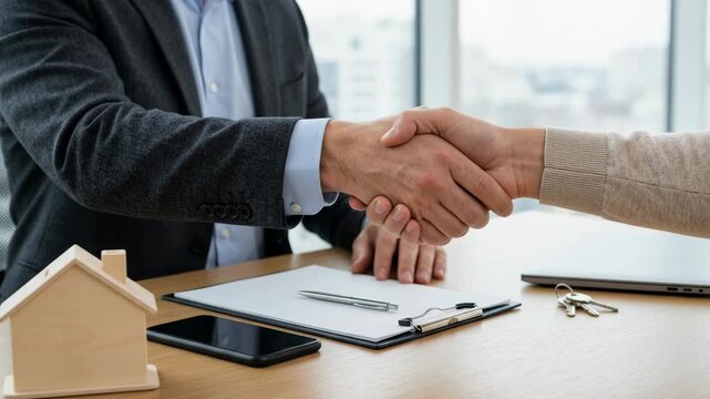 Real estate deal handshake business contract property agreement client agent office desk key model house. Home property mortgage investment. agent broker client partnership, contract meeting success