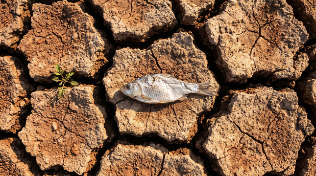 Dry land crisis heat wave summer drought killing fish wildlife warning climate change despair. Extreme heatwave weather. urban climate warming drought, hot sun temperature