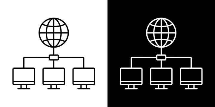 ネットワーク接続を表す地球儀と複数モニターの白黒線画アイコンセット