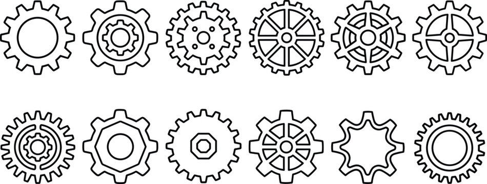 Mechanical Gear and Cogwheel Thin Line Icon Set Featuring Engineering Wheel spokes and Industrial Machine Settings Vectors