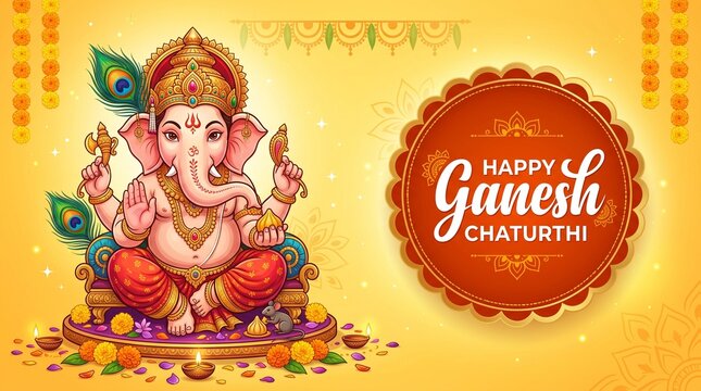 Happy Ganesh Chaturthi Vector Banner with Lord Ganesha Sitting on Throne, Elephant God Illustration for Hindu Festival Greeting Card and Banner Background