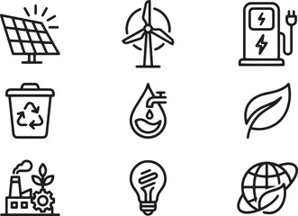 Naklejka premium Sustainability and Green Energy Minimalist Outline Icon Set for Eco Technology