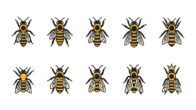 Minimalist honey bee icons set featuring a queen bee with crown