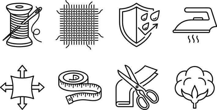 Textile and Tailoring Line Icon Set with Fabric Weave, Measuring Tape, Thread Needle, Scissors, and Garment Care Vectors