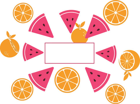 Fresh watermelon slices and orange fruit frame with banner