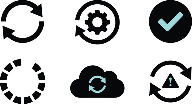Software Update and System Backup Icon Set Featuring Refresh Arrows, Cloud Sync, Progress Loading, and Checkmark Symbols