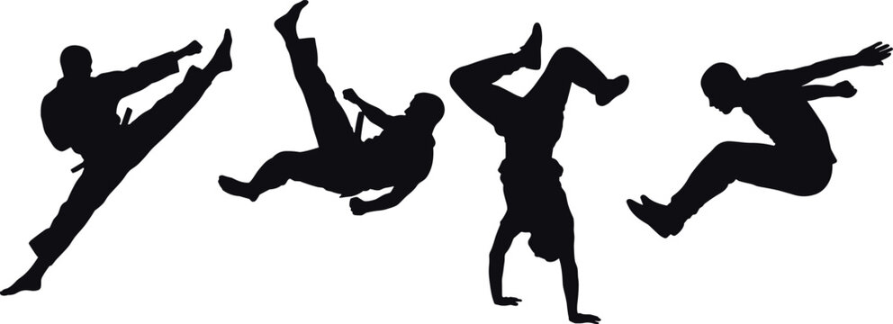 Acrobatic Martial Arts Silhouette Vector Set Featuring Capoeira Dancers And Extreme Trickers Performing Flying Kicks, Flips, Handstands, and Parkour Jump Poses