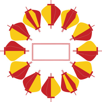 Circular frame of traditional red and yellow chinese lanterns