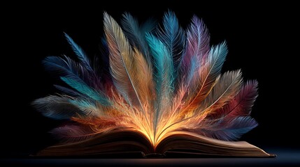 Open magical book with vibrant colorful feathers exploding from pages. © Mrs. Studio