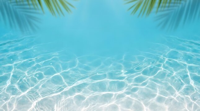 Crystal clear turquoise ocean water with shimmering sunlight reflections and tropical palm leaves overhead creating a serene summer beach scene