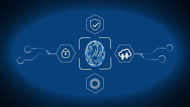 Digital fingerprint security interface with lock, shield and cloud icons on a blue background, showing online protection, access control and data privacy.