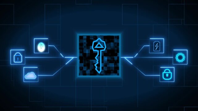 Glowing digital key in the center of a dark blue tech background with cloud, lock, battery and gear icons, showing data security, encryption and network protection.