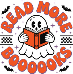 Retro Halloween Ghost Reading Book Illustration, Vintage Cartoon Spooky Character with Read More Boooooks Text, Cute Kawaii Ghost Vector Graphic