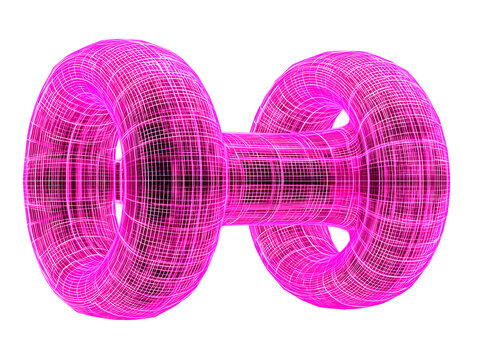 Futuristic neon pink glowing wireframe double toroidal cylinder shape on transparent background.