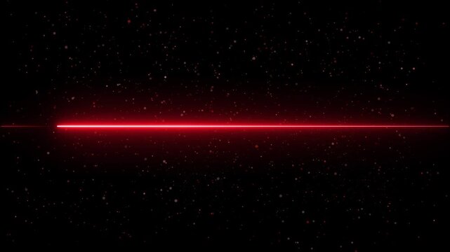 Bright red laser line glowing across a dark starry background with space dust, creating a futuristic sci fi abstract scene with strong contrast and copy space.