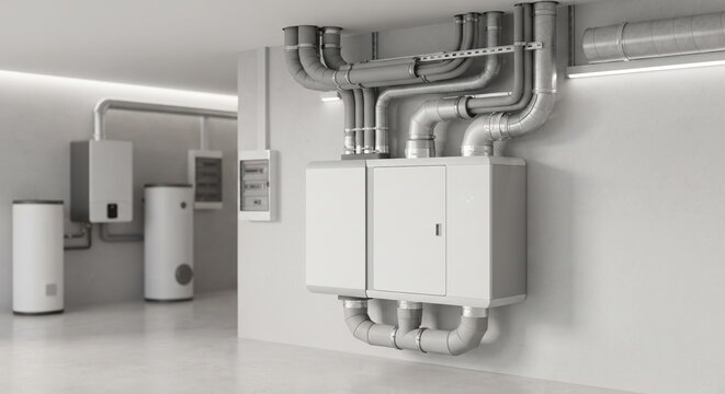 A compact energy recovery ventilation unit installed in a modern utility room with tidy ducts and sustainable home
