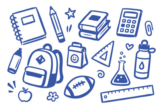 School Supplies Blue Brush Doodle Set Vector Illustration