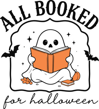 Halloween ghost reading book vector illustration, cute spooky phantom with orange book and bats, all booked for halloween quote graphic