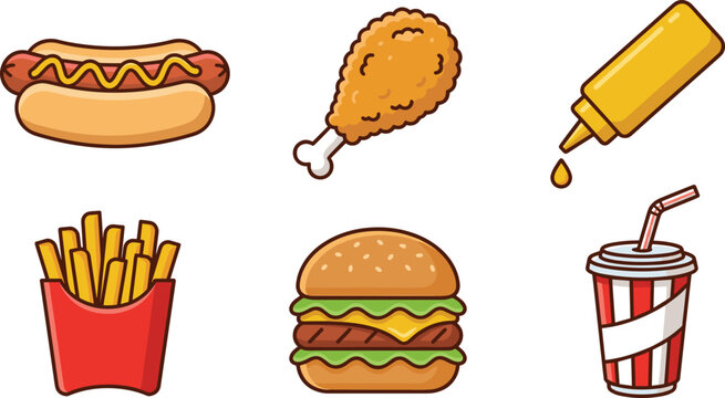 Fast Food and Junk Food Icon Set with Burger, French Fries, Hot Dog, Fried Chicken, and Soda Vectors