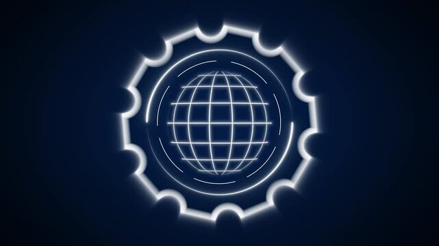 World earth animation rotates industrial cogwheels over planetary space grids. Global satellite telecom structures use a world earth animation infrastructure layer.