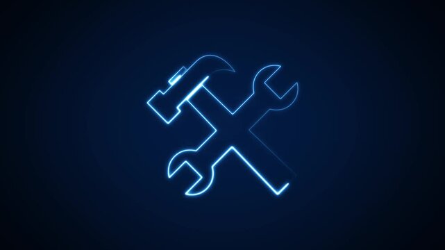 Industrial repair tools graphic radiates vibrant neon light values on black. Technical hardware maintenance services run an industrial repair tools graphic interface.