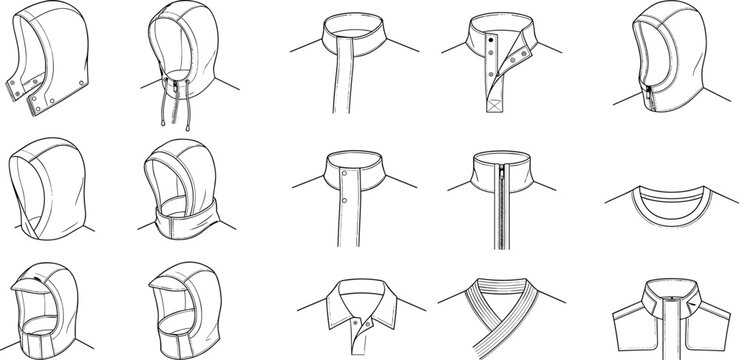 Protective hood and garment collar technical line drawing collection featuring balaclava hoods, neck collars, zipper closures and apparel design templates
