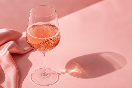 A delicate glass of ros&eacute; wine placed on a soft pink surface, radiating elegance and subtle charm.
