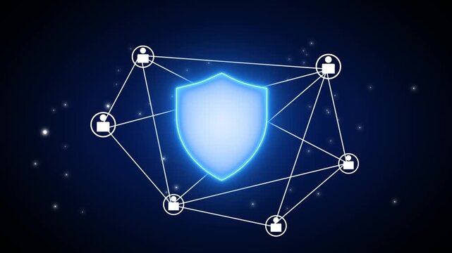 Secure network connection animation links profile nodes to protected shields. Encrypted database banking software employs a secure network connection animation grid.
