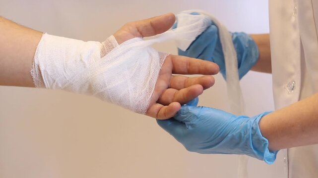 A medical worker in blue nitrile gloves carefully removes a white gauze bandage from a patient's injured hand and wrist during a bandaging or examination procedure