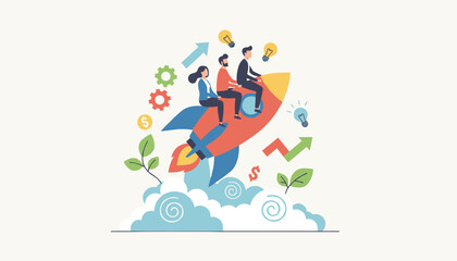 Fototapeta premium Group of ambitious business partners flying on a rocket startup launcher surrounded by ideas and financial growth symbols.