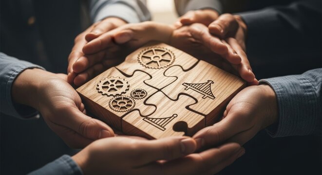Multiple pairs of hands carefully join together four assembled wooden puzzle pieces featuring engraved mechanical and structural designs