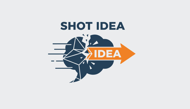 Creative abstract logo design showing shot idea concept with a shattered blue brain graphic and a fast orange arrow.
