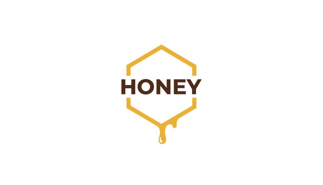 Stylish minimalist golden honey logo featuring a clean hexagon frame with dripping honey on a solid white background.