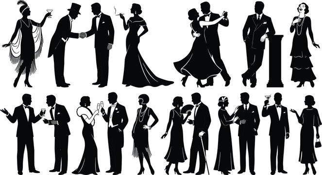 Vintage 1920s party people silhouette collection featuring elegant couples, flapper dancers, tuxedo gentlemen, cocktail guests and ballroom social scenes