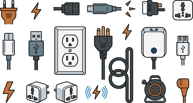 Electrical Power Plug and Wall Socket Vector Icon Set Featuring USB Cables Lightning Bolts and Travel Adapters