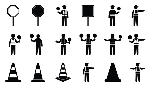 Traffic Controller Vector Icon Set Road Worker Sign Silhouette Collection Construction Safety Cone Warning Signal Person Flagger Flat Design Illustration Symbols Pack Bundle