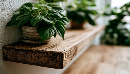 Obraz premium Elegant Wooden Shelf Showcasing A Beautiful Potted Plant With Lush Green Leaves In Modern Interior