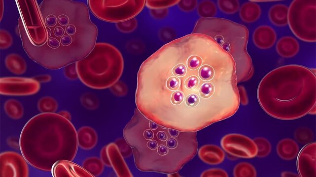 Plasmodium ovale schizont stage, 3D animation showing segmented intraerythrocytic parasite with multiple merozoites within an enlarged oval red blood cell.