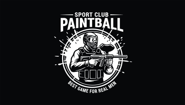 Monochrome paintball sport club emblem featuring player in tactical gear holding gun with paint splatters.