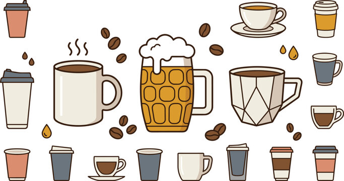 Hot Coffee Mug and Beer Glass Icon Set with Takeaway Paper Cups, Espresso Cups, and Coffee Bean Vectors
